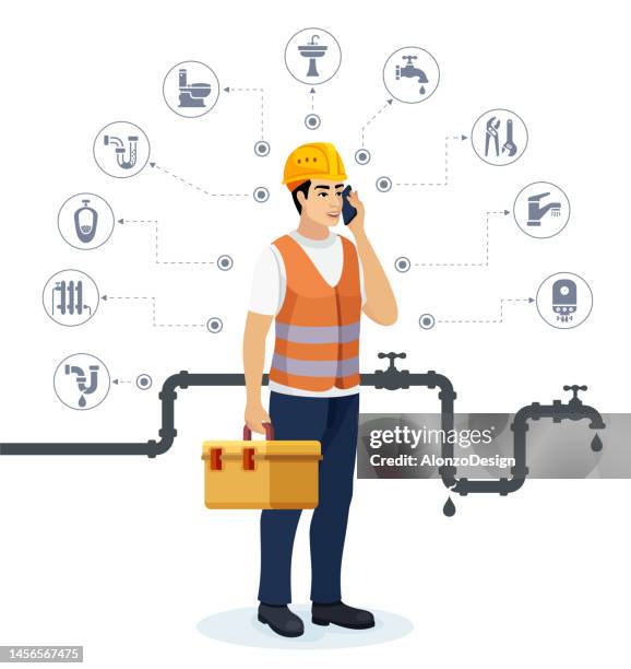 plumber with toolbox and talking on mobile. plumbing design concept.